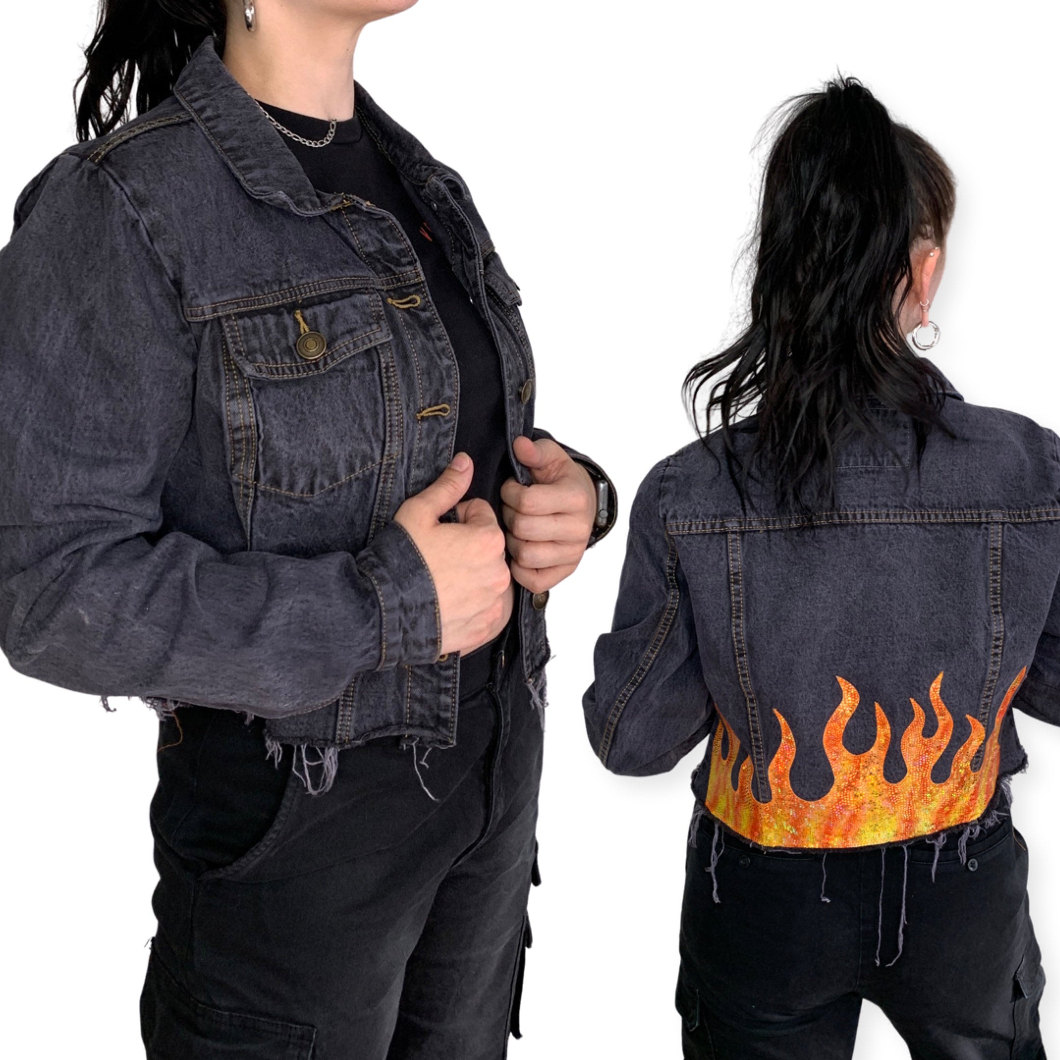 Cropped Flame Denim Jacket